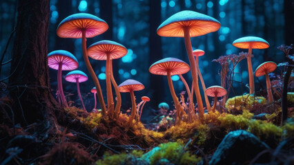 Fototapeta premium Glowing bioluminescent mushrooms in a mystical forest with ethereal blue and orange light