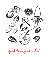 Seafood restaurant poster, minimal elegant line sketch drawing of mussels and fish. Hand lettering inspirational quote