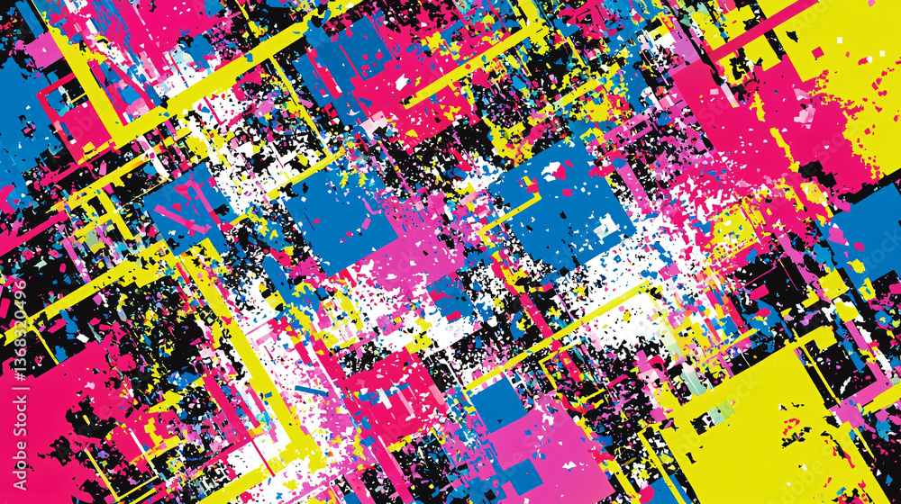 Poster chaotic patterns of colorful squares and rectangles creating a unique and vibrant abstract backgroun