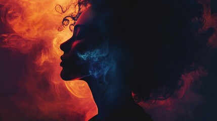 Woman breathing smoke with red and blue lights and afro hair