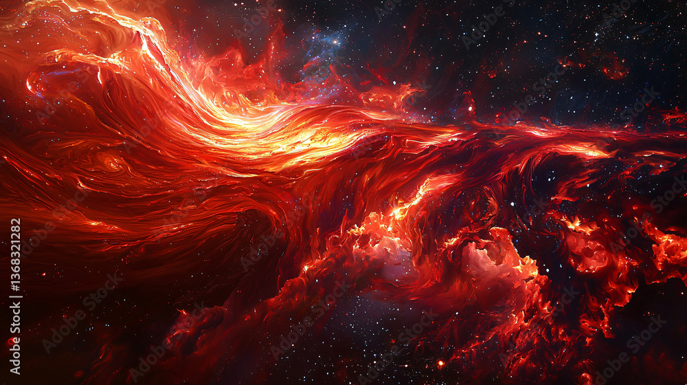 Poster a red and orange nebula displaying a chromatic cascade of celestial fire in an awe-inspiring cosmic 