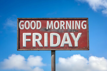A vintage street sign with bold white good morning friday words under blue sky
