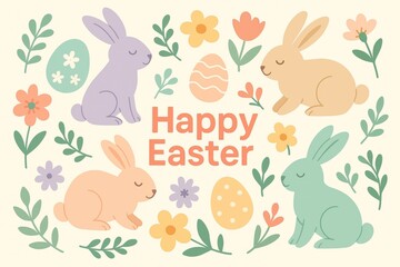 Four colorful easter bunnies surrounding cheerful happy easter text, accompanied by beautifully decorated eggs and vibrant spring flowers, creating a delightful holiday atmosphere