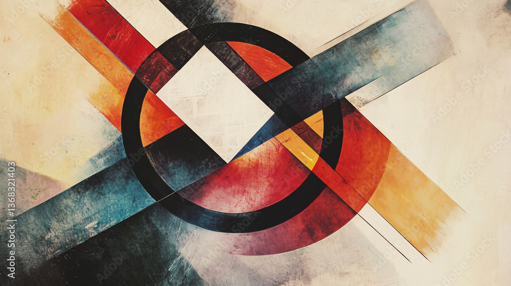 Poster a dynamic abstract painting featuring circular and square forms broken apart to create a unique visu