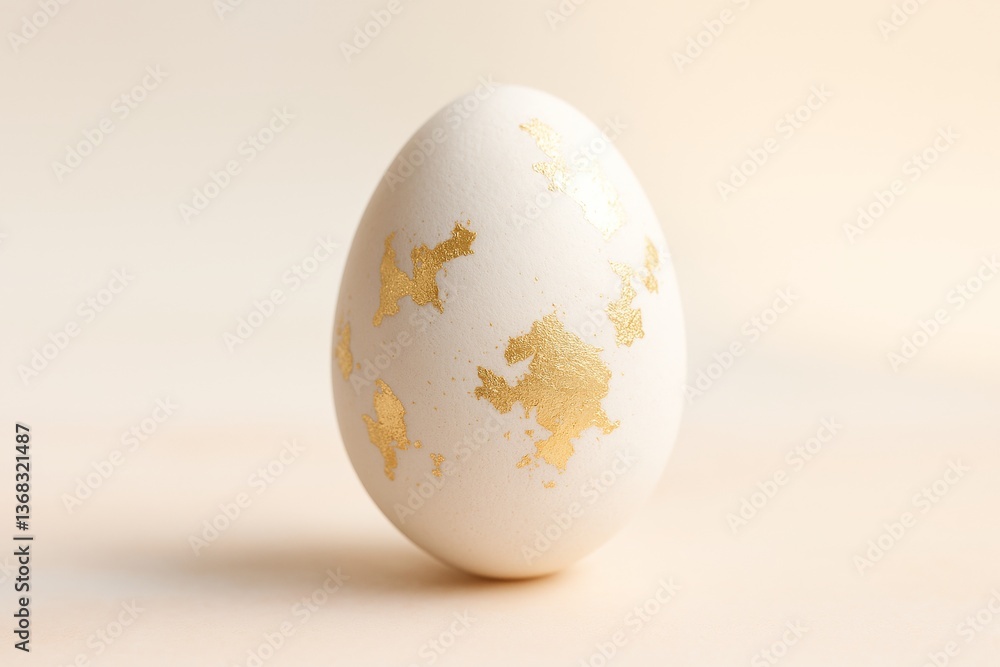 Poster minimalist easter composition featuring a single white egg adorned with gold leaf patterns, resting 