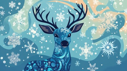 Colorful Winter Deer with Snowflakes and Patterns