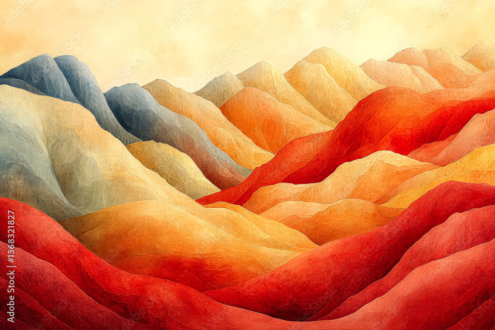 Poster painting of a mountain range with a red and orange color scheme. the mountains are covered in a vari