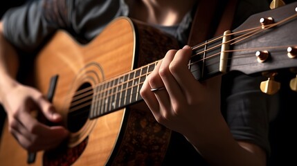 A Tranquil Artistic Representation of Playing Acoustic Guitar, With a Focus on the Player's Hands and Strings in a Peaceful Setting That Evokes Emotion