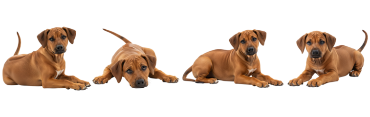 Cute rhodesian ridgeback puppies laying down with playful tail and dark muzzle isolated on a transparent background