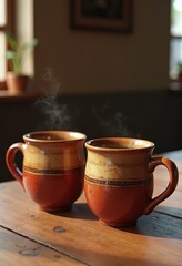 matching pairs ceramic mugs rustic charm wooden table details warm colors artisanal handcrafted design, cup, coffee, tea, set, collection, decor, home