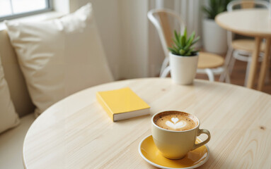 Fototapeta premium A modern coffee bar scene with a clean white table and delicious cappuchino