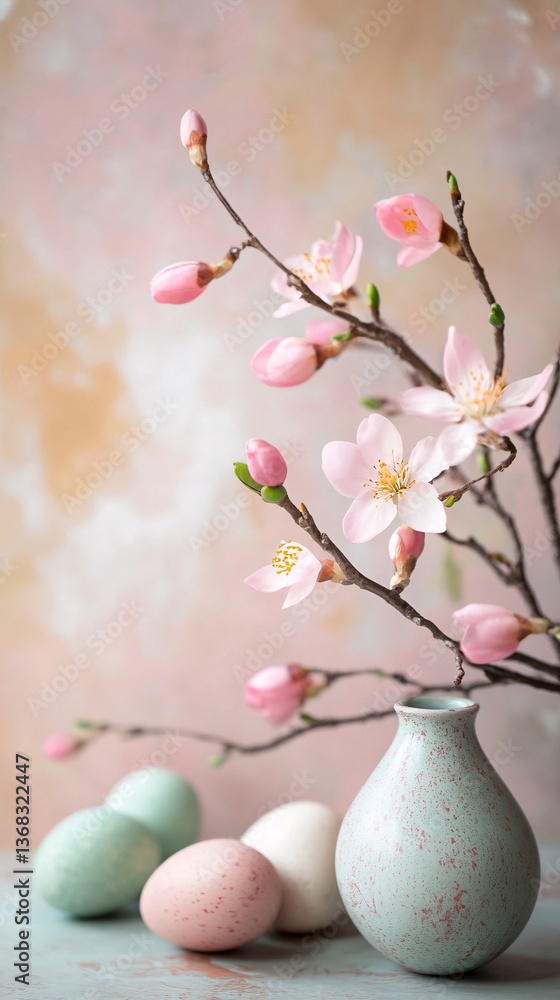 Poster blooming peach branch in vase with easter eggs symbolizing spring renewal