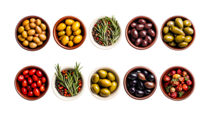 Olives assortment in bowls, vibrant color, flavor, food, delicacy, cut out transparent
