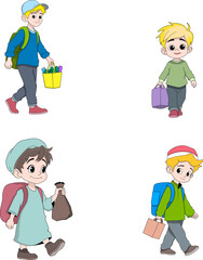 Cartoon Boys Walking with Bags and Boxes for Education and Activity Themes