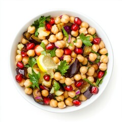 A vibrant Mediterranean chickpea salad with roasted eggplant, pomegranate, and lemon dressing. Fresh, colorful, and packed with plant-based protein for a balanced, nutritious meal.