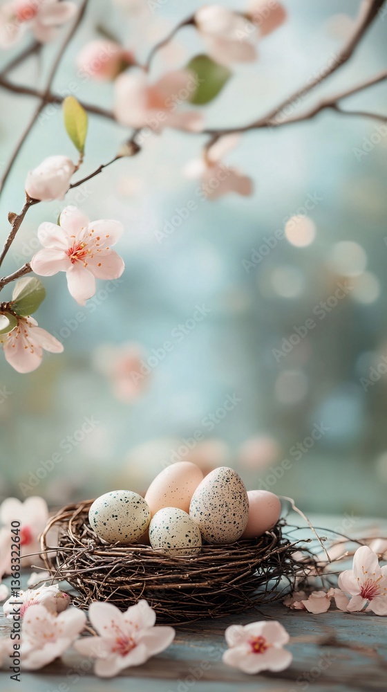Poster Easter eggs nest resting on rustic wood with blooming peach tree branches