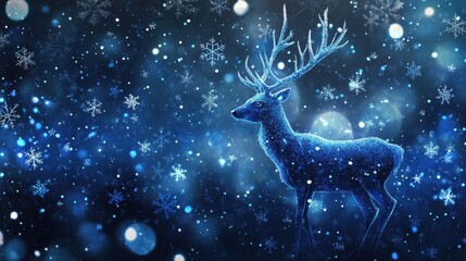 Winter Scene with Glowing Deer and Snowflakes
