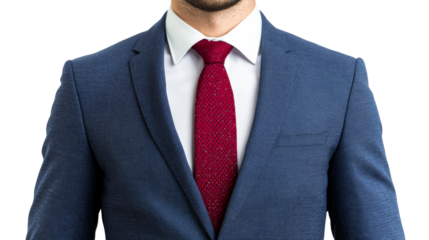 Businessman in blue suit with a red tie, cut out transparent