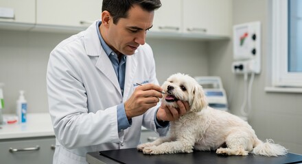 Obraz premium Gentle Vet Carefully Examining Small White Dog. AI Generated