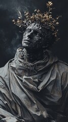 Obraz premium Dark statue wearing crown of dried flowers emerging from smoke