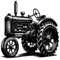 Vintage Tractor Illustration: A meticulously detailed monochrome illustration of a vintage tractor, showcasing the robust machinery and classic design of a bygone era.