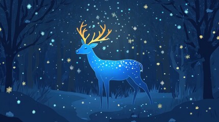 Enchanted Blue Deer in a Snowy Forest at Night