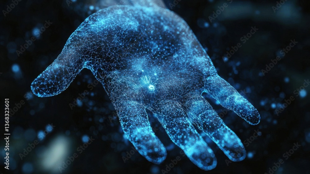 Poster abstract representation of a digital hand showcasing ai and language adaptability in modern technolo