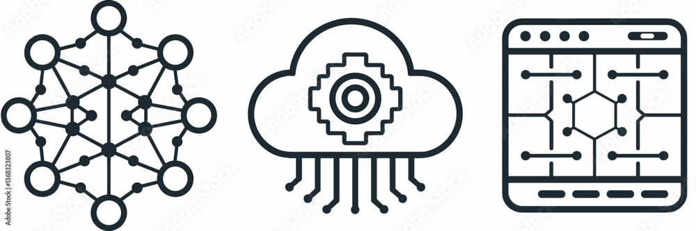 Poster futuristic vector icon set of ai neural network, cloud storage chip, and digital interface – perfect