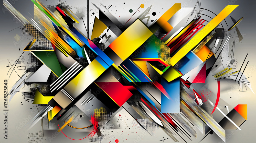 Poster colorful abstract design featuring geometric shapes interspersed with lines creating a dynamic and e