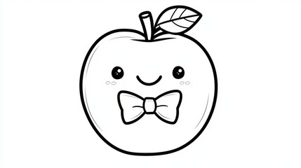Cute Smiling Apple Character with Bow Tie and Leaf for Kids Coloring