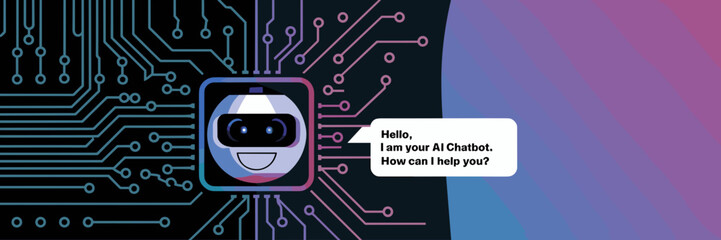 Obraz premium AI chatbot conversation with binary code, a smiling robotic face, and a futuristic gradient background