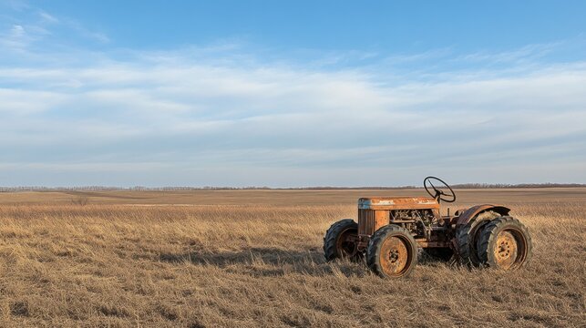 A rusty antique tractor rests in an open agricultural field - Powered by Adobe