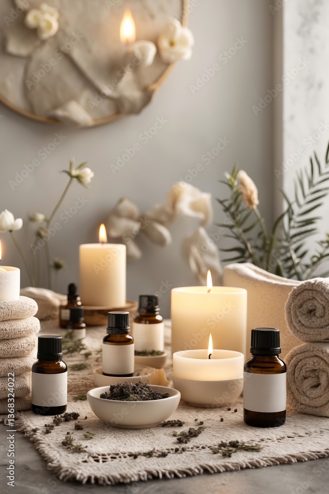 Poster relaxing spa setting with essential oils, candles, and towels arranged on a table in a serene enviro