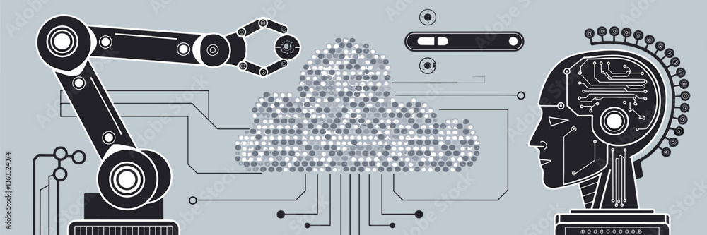 Poster futuristic vector illustration of a robotic arm, ai brain with circuits, and data cloud on a light g