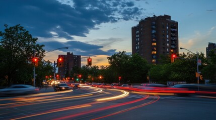 Obraz premium Cars Travel Along Roadways Near Tall Buildings At Dusk