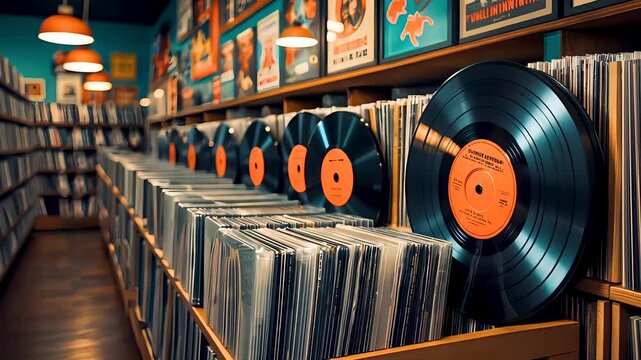 Interior of retro vinyl record store with shelves full of vintage music albums