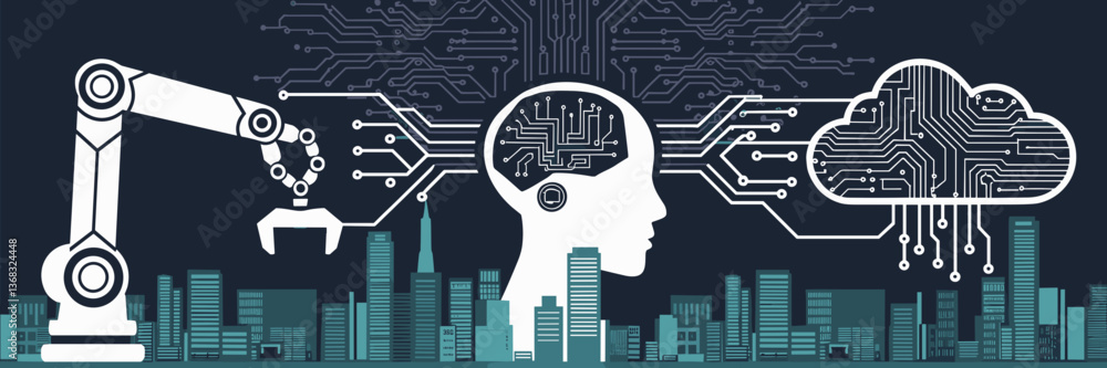 Poster vector illustration of a robotic arm, ai brain with circuits, and data cloud in a futuristic city