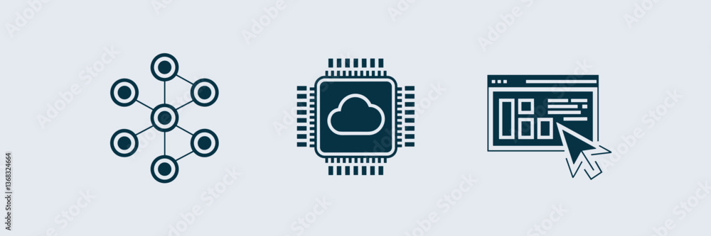 Poster minimalist vector icons of ai neural network, cloud storage chip, and digital interface – perfect fo