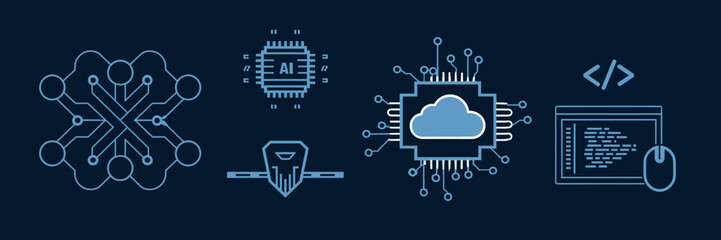 Fototapeta premium Vector illustration of AI neural network, cloud storage chip, and digital interface – Great for technology presentations, AI development content, or machine learning graphics.
