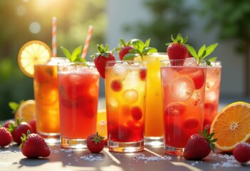 vibrant showcase refreshing summer beverages colorful ingredients natural enhancements, fruit, juice, soda, lemonade, mint, cucumber, watermelon, berry