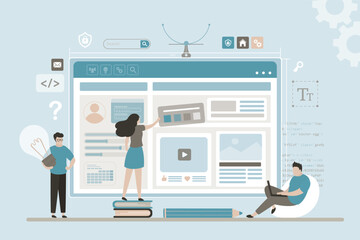 Concept of application or web development, ui ux design. Group of designers and developers with different icons and part pages. Develop of interface design for apps or program