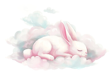 White bunny sleeping curled up on soft blue clouds, watercolor style
