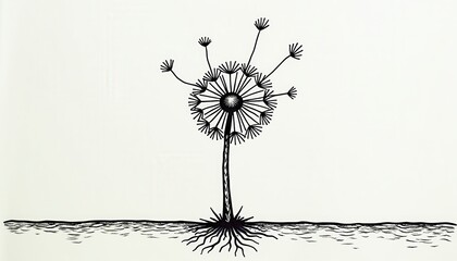 Obraz premium Abstract black and white flower illustration with roots 