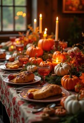 Fototapeta premium traditional harvest spread colorful decor autumn table rustic festive arrangement seasonal feast, vegetable, fruit, platter, tablecloth, yellow, orange