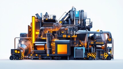 Obraz premium A complex futuristic industrial machine design illuminated with orange lighting
