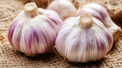 Obraz premium Close up view of several bulbs of fresh garlic resting