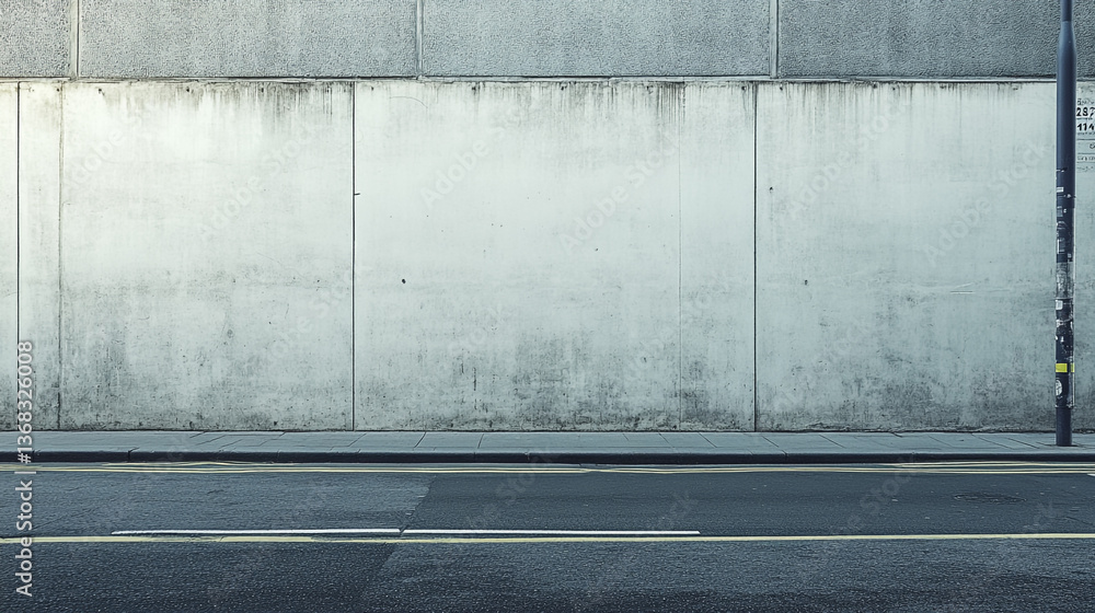 Poster a concrete wall beside a street with a black lamp post on the right side of the image frame view