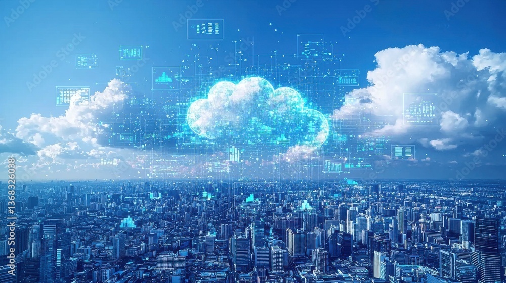 Aufkleber futuristic cityscape with digital cloud and data visualization over urban skyline