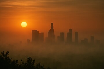 Naklejka premium Sunset Over Los Angeles Skyline Silhouette with Fog