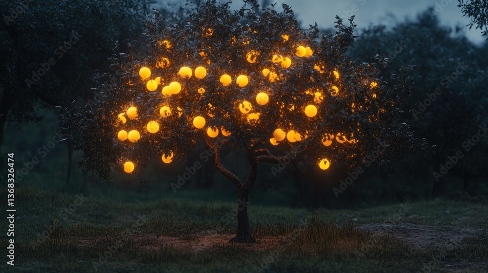 Poster a tree illuminated by glowing orbs creating a magical forest scene